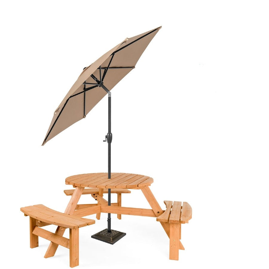 Outdoor Round Wood Picnic Table Bench Set with Umbrella Hole - Seats 6 image 4