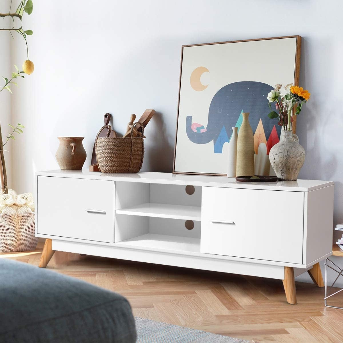Modern 55-inch Solid Wood TV Stand in White Finish and Mid-Century Legs image 3