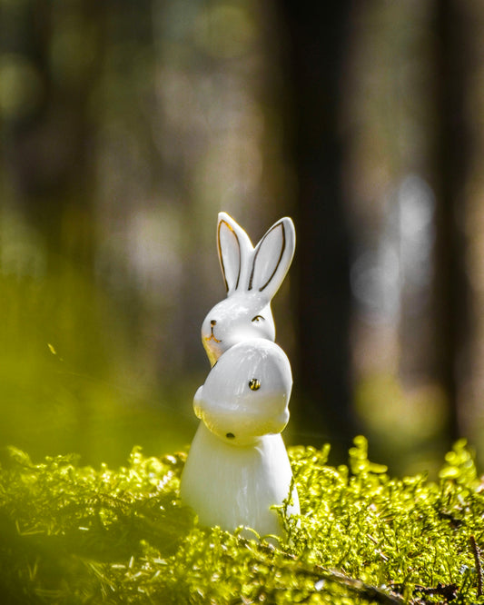 white rabbit figurine on green leafed plants