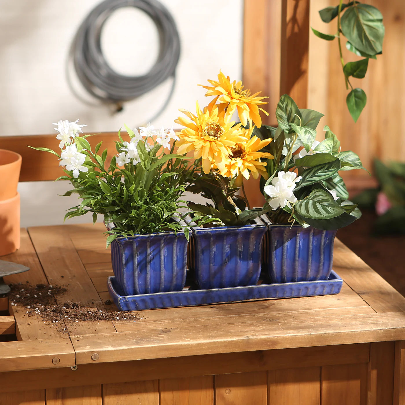 Blue Square Ceramic Small Planter Set of 3 image 3