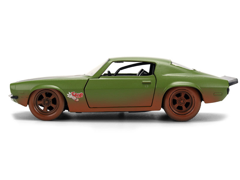 Dom's 1973 Chevrolet Camaro "F-Bomb" Matt Green (Dirty Version) with Black Hood Stripe "Fast & Furious" (2009) Movie "Fast & Furious 25 Years" Series 1/32 Diecast Model Car by Jada