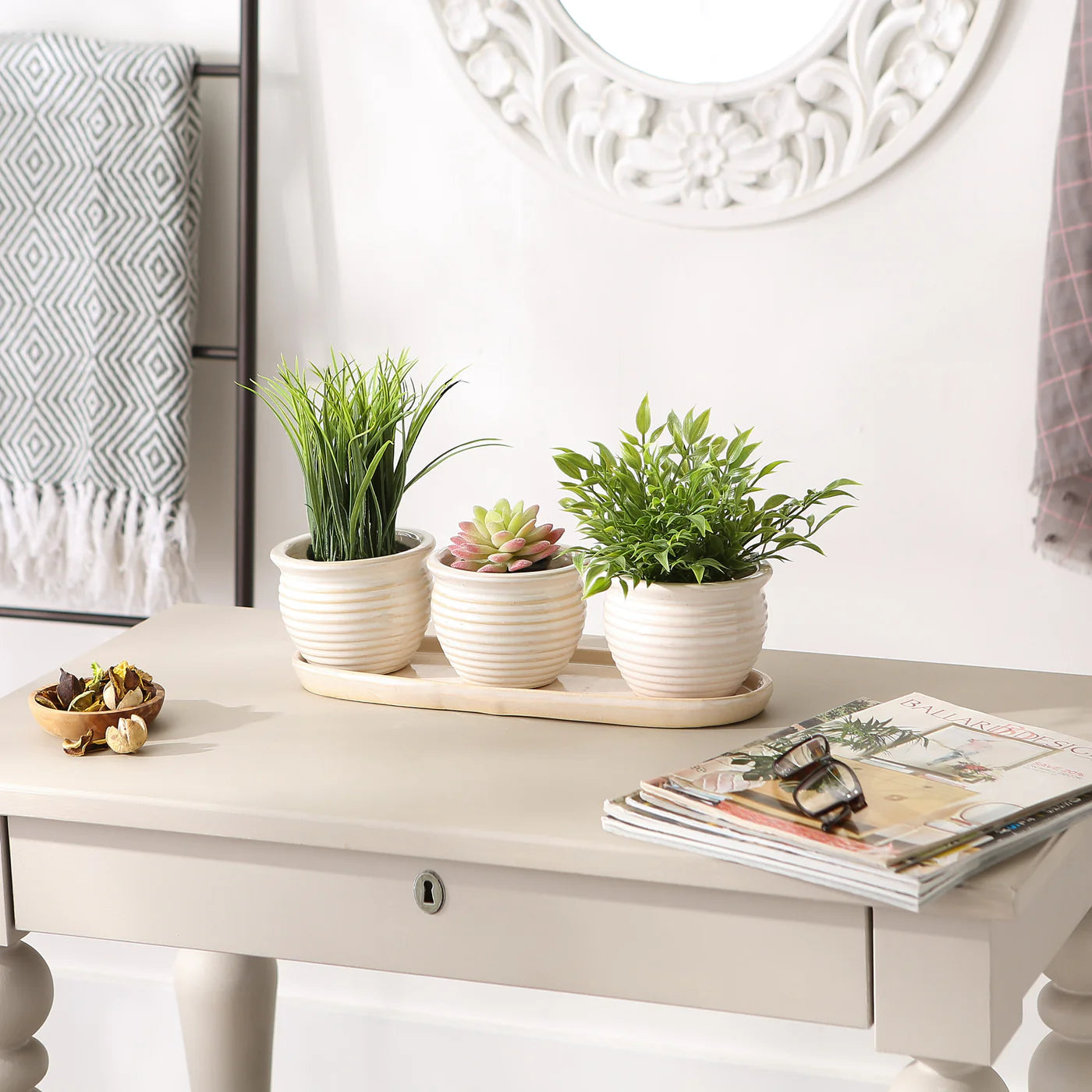 CREAM ROUND CERAMIC SMALL PLANTER SET OF 3