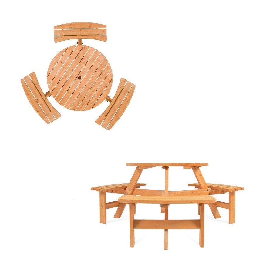 Outdoor Round Wood Picnic Table Bench Set with Umbrella Hole - Seats 6 image 2