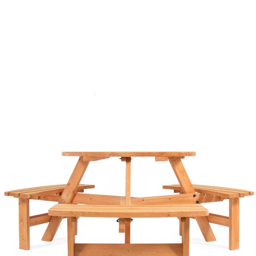 Outdoor Round Wood Picnic Table Bench Set with Umbrella Hole - Seats 6 image 3