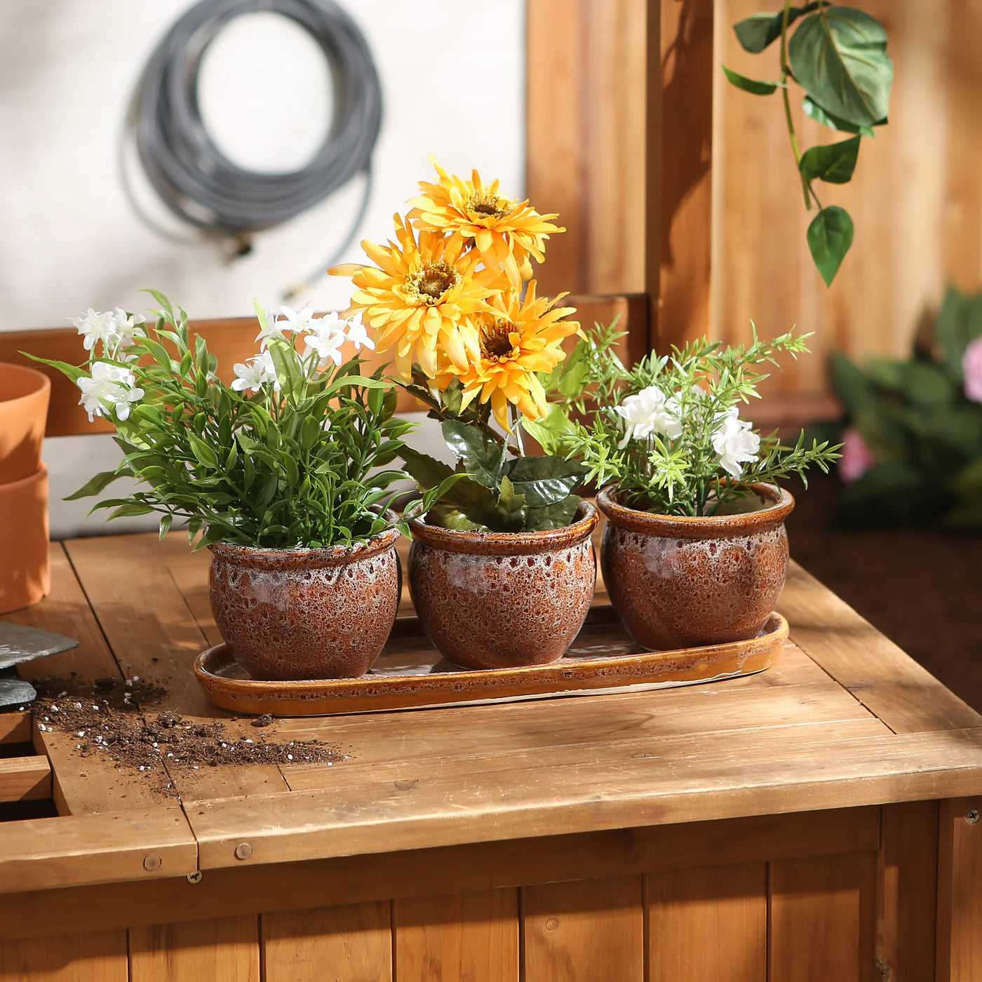 BROWN ROUND CERAMIC SMALL PLANTER SET OF 3