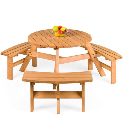 Outdoor Round Wood Picnic Table Bench Set with Umbrella Hole - Seats 6 image 1