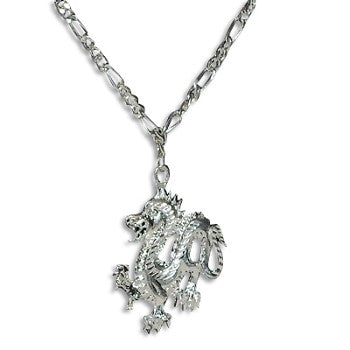 SilverTone Fire Breathing Dragon Pendant on Figaro Neck Chain image 0