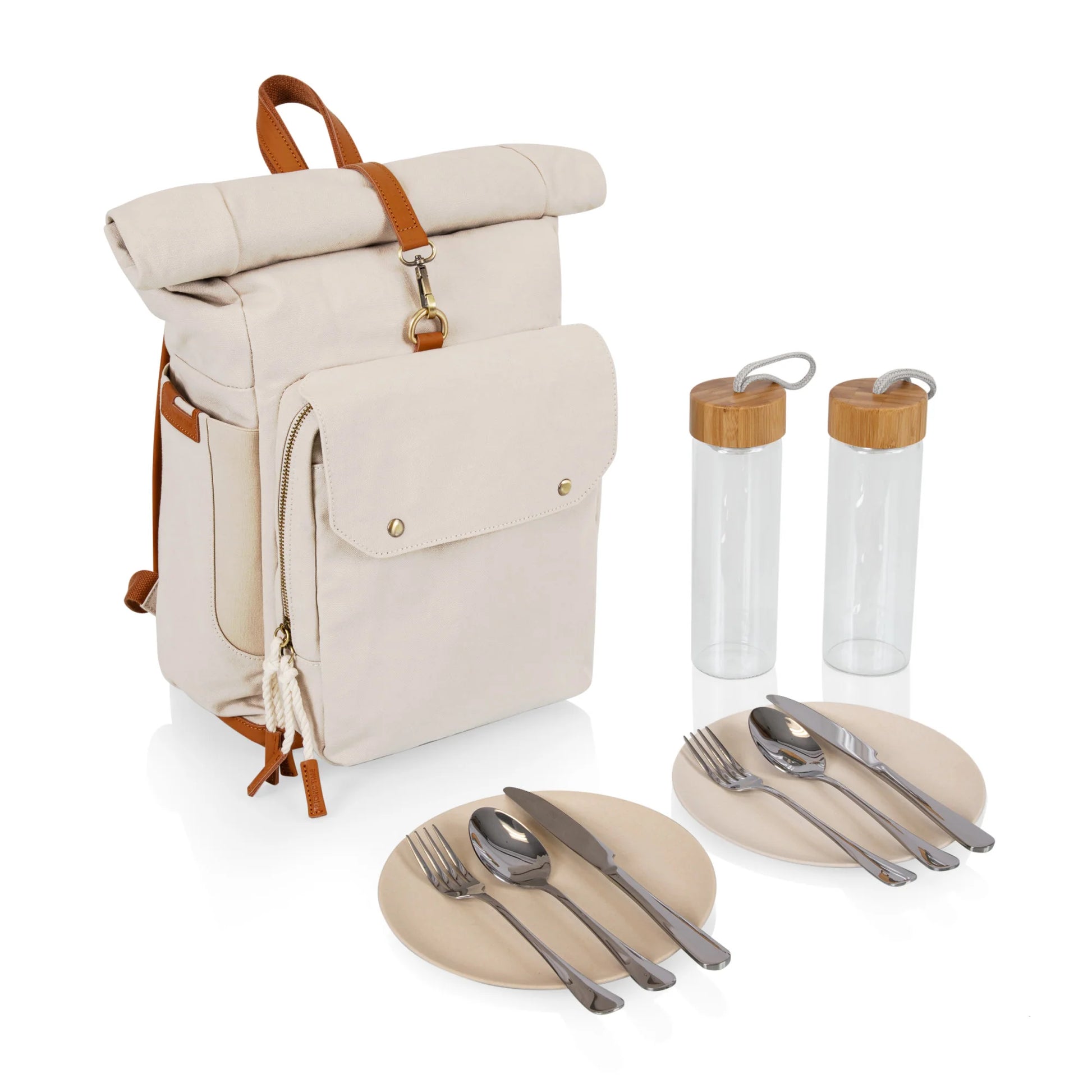 Carmel Roll Top Picnic Backpack Cooler with Utensil Set & Glass Water Bottles image 3