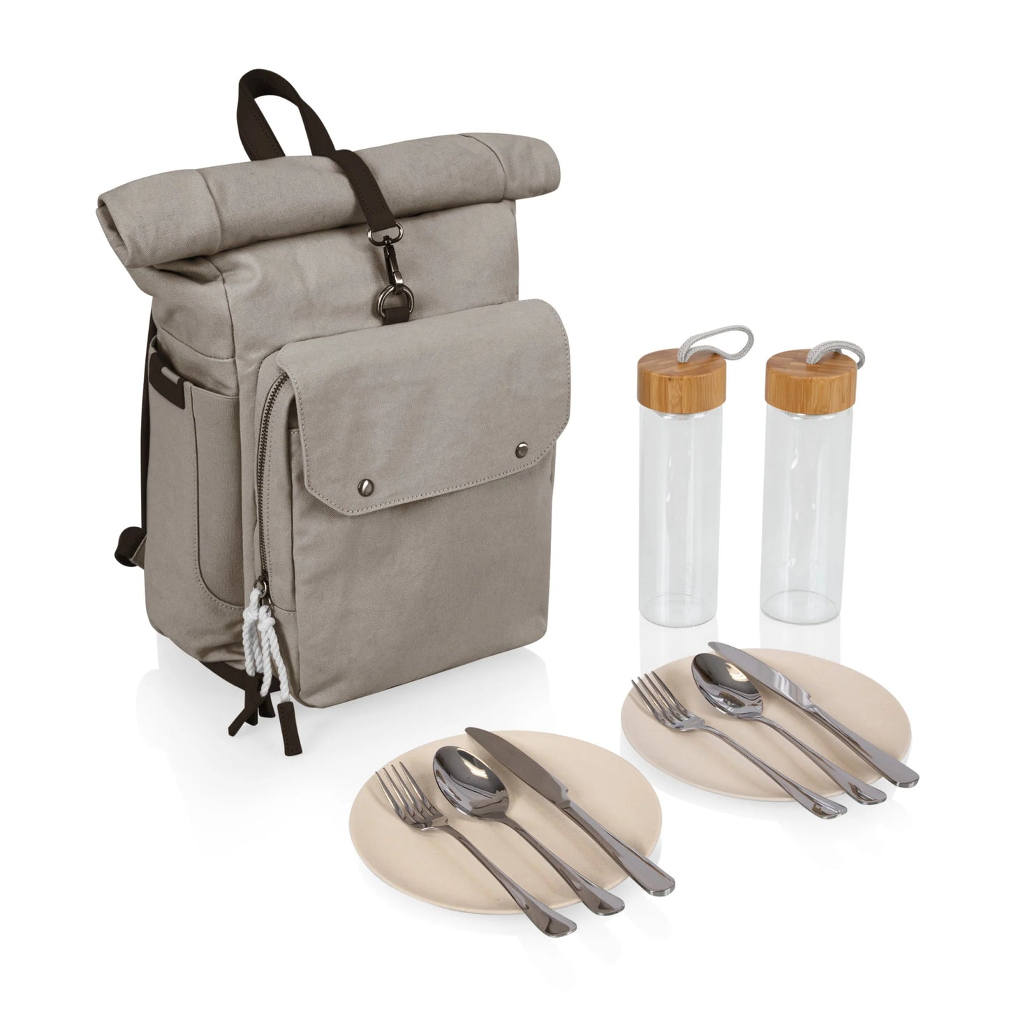 Carmel Roll Top Picnic Backpack Cooler with Utensil Set & Glass Water Bottles image 7