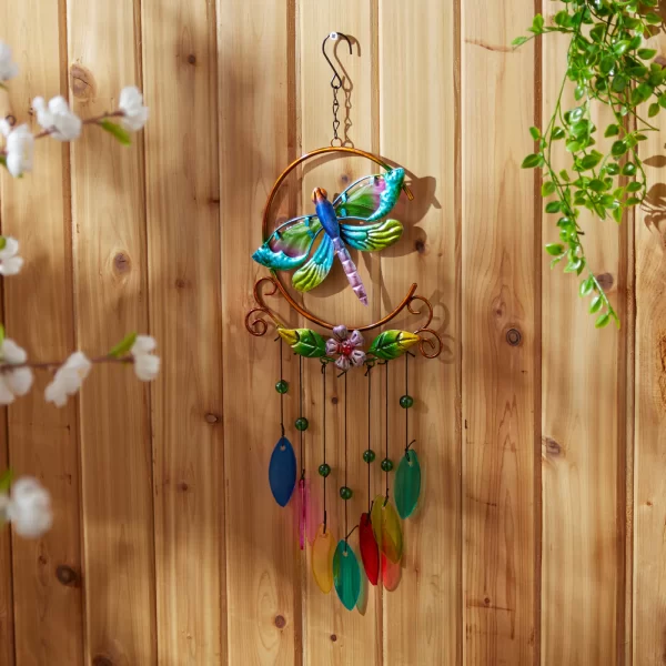 GLASS LEAVES WIND CHIME - DRAGONFLY IRON ORNAMENT