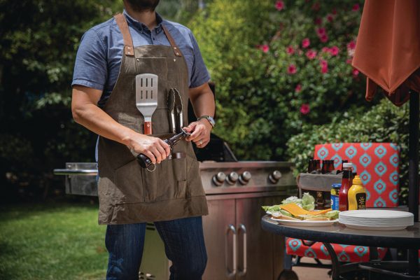 BBQ APRON WITH TOOLS & BOTTLE OPENER, (KHAKI GREEN WITH BEIGE ACCENTS)