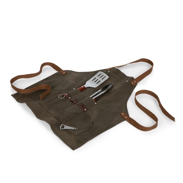 BBQ APRON WITH TOOLS & BOTTLE OPENER, (KHAKI GREEN WITH BEIGE ACCENTS)