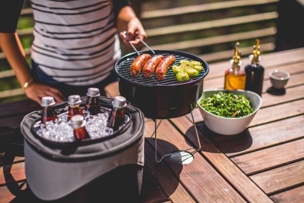 CALIENTE PORTABLE CHARCOAL GRILL & COOLER TOTE, (BLACK WITH GRAY ACCENTS)