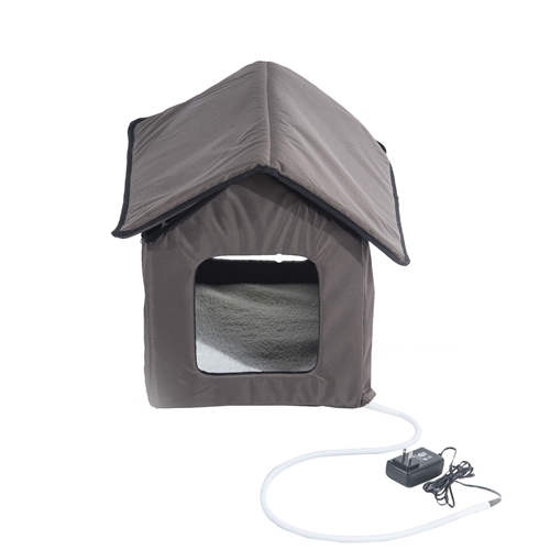 Heated Outdoor Cat House with Lamb Wool Padded Cats Bed in Brown