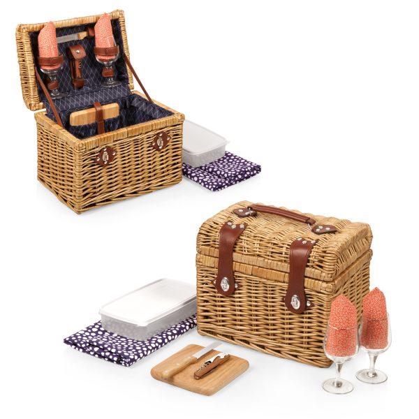 NAPA WINE & CHEESE PICNIC BASKET, (ADELINE COLLECTION – DEEP PURPLE WITH CORAL PATTERN)