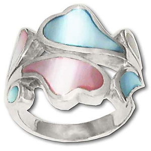 925 Sterling Silver Pink & Blue Mother Of Pearl Heart Wave Ring