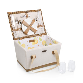 Lemongrove Picnic Basket for 2 - Bees & Lemons, (White with Lemon Pattern)
