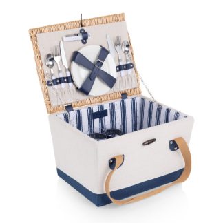 Boardwalk Picnic Basket for 2, (Beige Canvas with Navy Blue Accents)